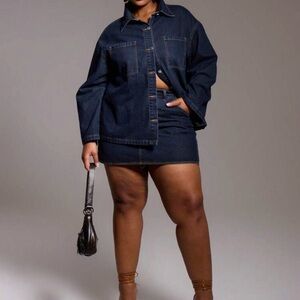 SHEIN Dark Blue Denim Jacket and Skirt Ensemble